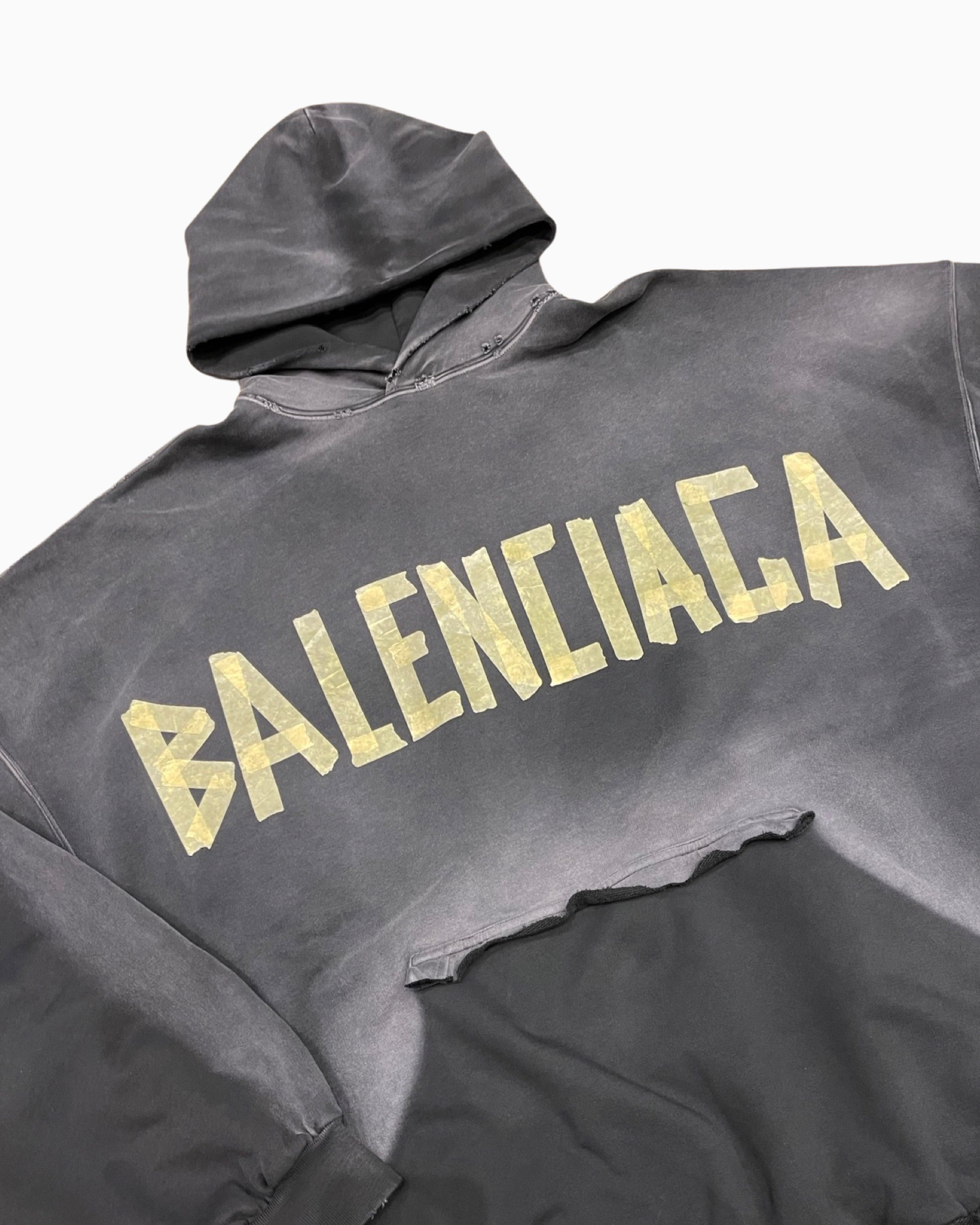 Tape Type Ripped Pocket Hoodie Oversized in Black Faded  Balenciaga NL